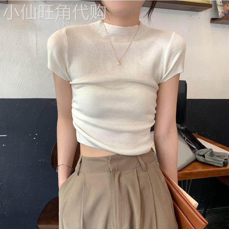 白色冰丝短袖T恤女秋季薄款洋派修身显瘦辣妹短款褶皱正肩针织衫
