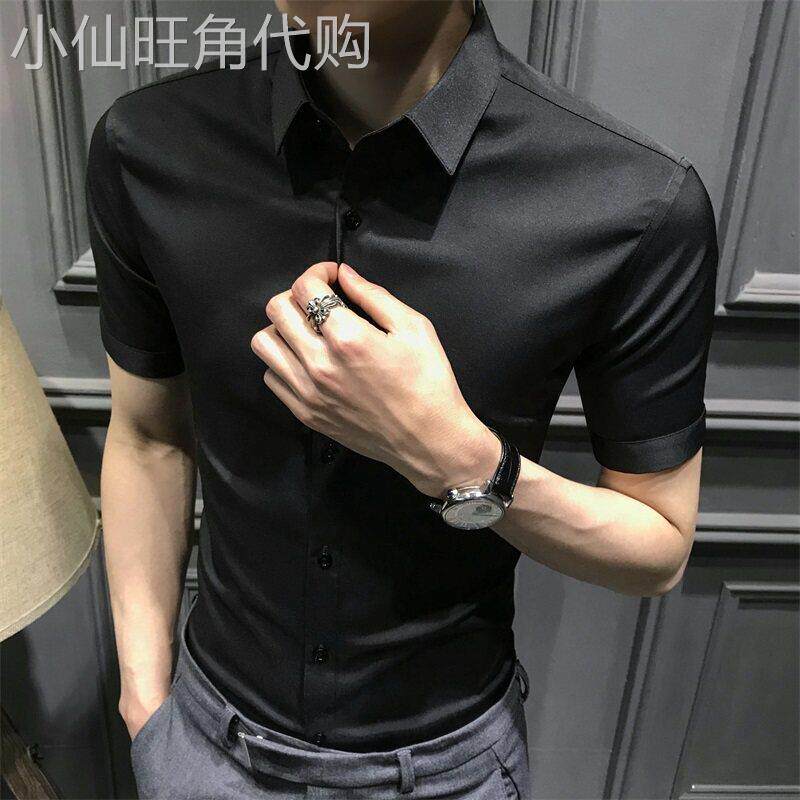 LL男装黑色休闲衬衫男韩版潮流夏季免熨烫修身百搭男士短袖冰丝衬