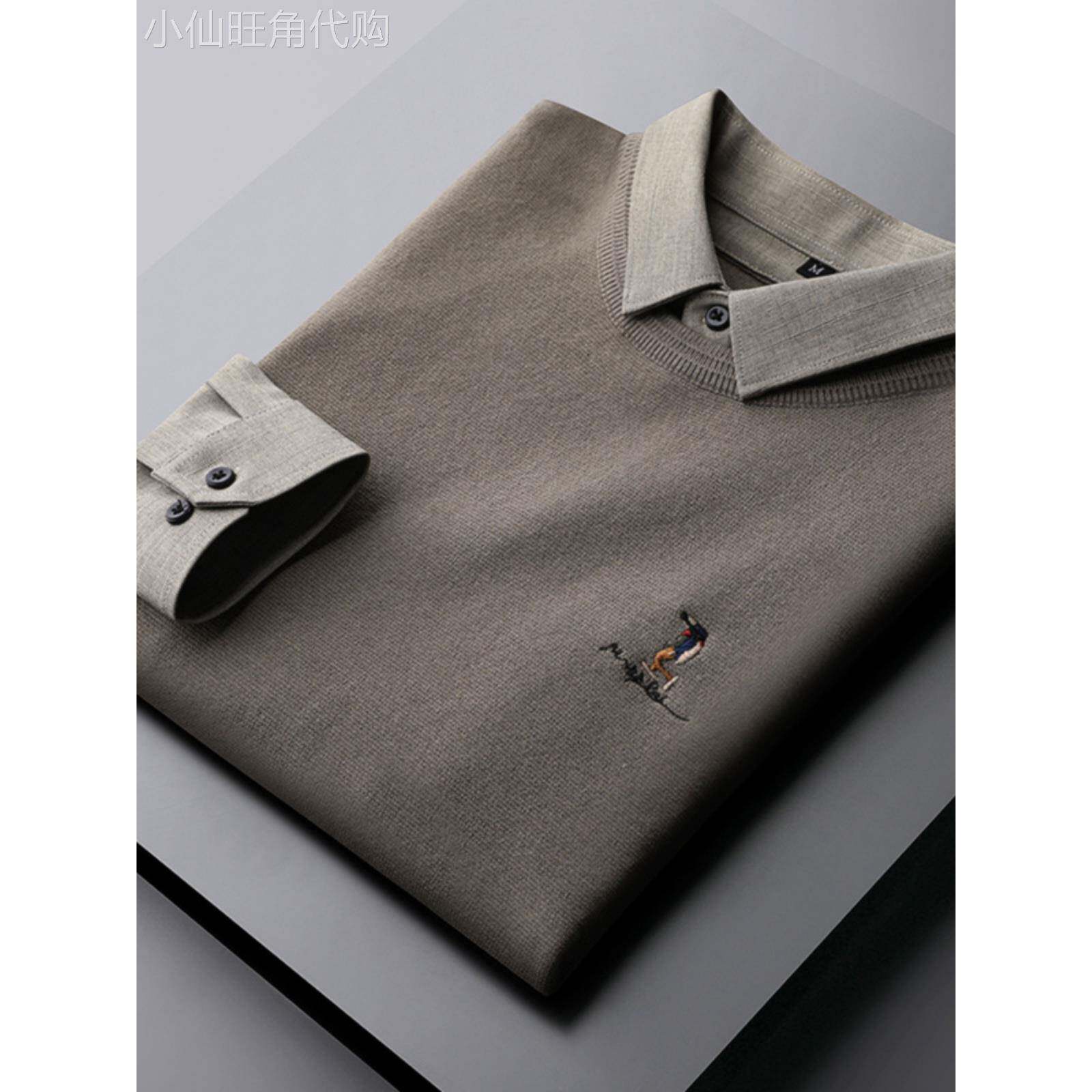 衬衫领假两件毛衣男士秋冬季新款加绒加厚男装针织打底衫修身高端