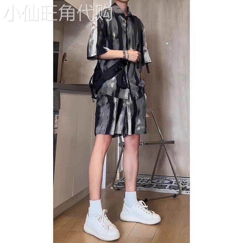 LL男装套装男高级感2026新款夏季薄款冰丝短袖花衬衫扎染国风水墨