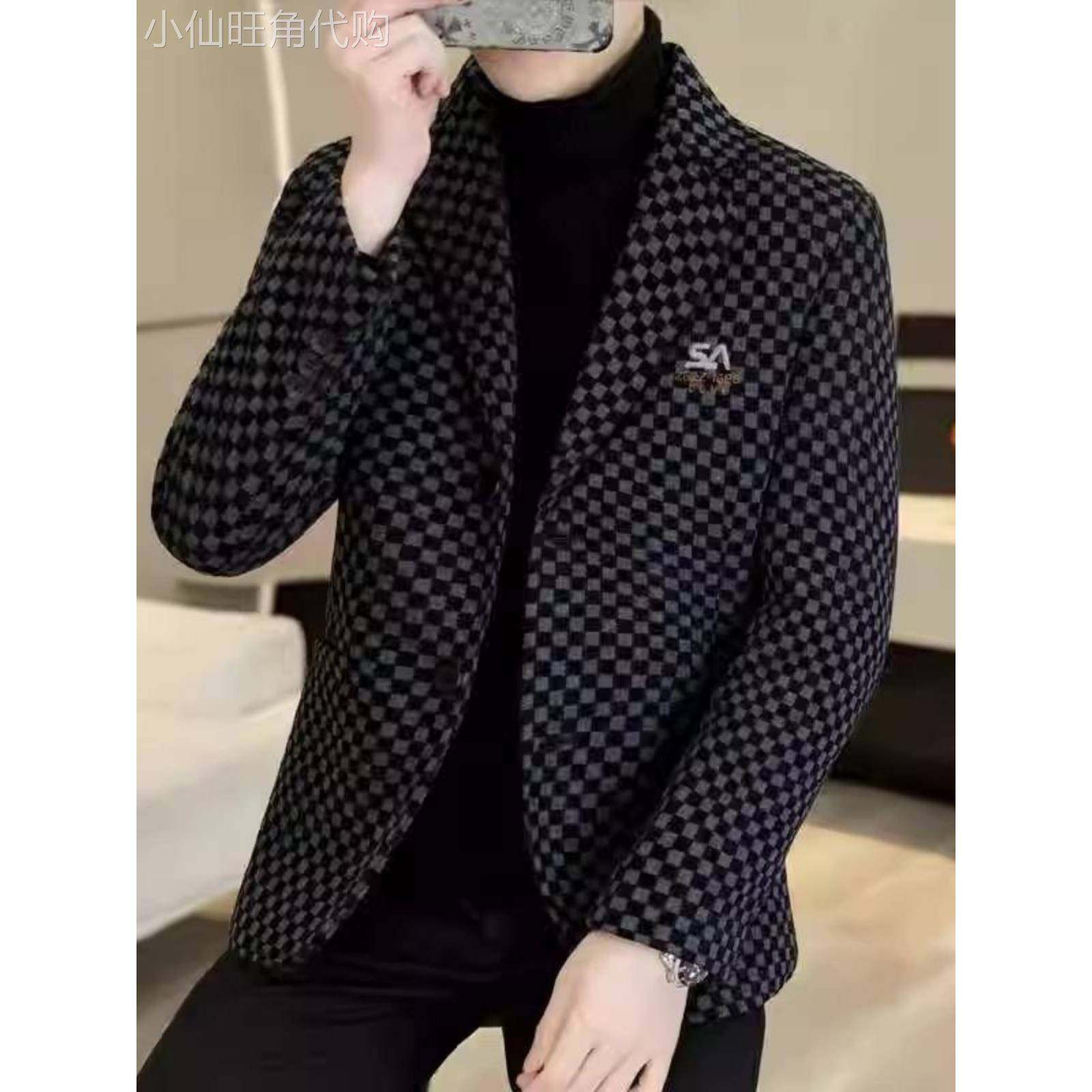 秋冬季小西装外套男士欧货毛呢加厚格子保暖加棉修身商务休闲西服