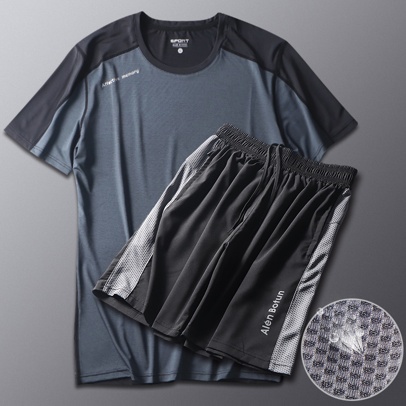速干短袖T恤运动套装男夏季宽松健身跑步服ins篮球透气短裤两件套
