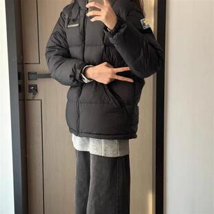 欧美2025新款黑色抽绳宽松显瘦连帽短款羽绒棉服女面包服连帽棉衣