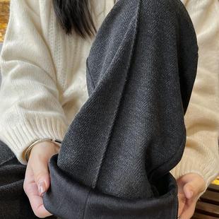 白色醋酸羊毛阔腿裤女2025新款冬季小个子人字纹窄版直筒毛呢裤子