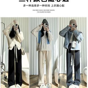 羊羔绒针织阔腿裤女秋冬季加厚保暖棉裤外穿休闲黑色加绒直筒裤子