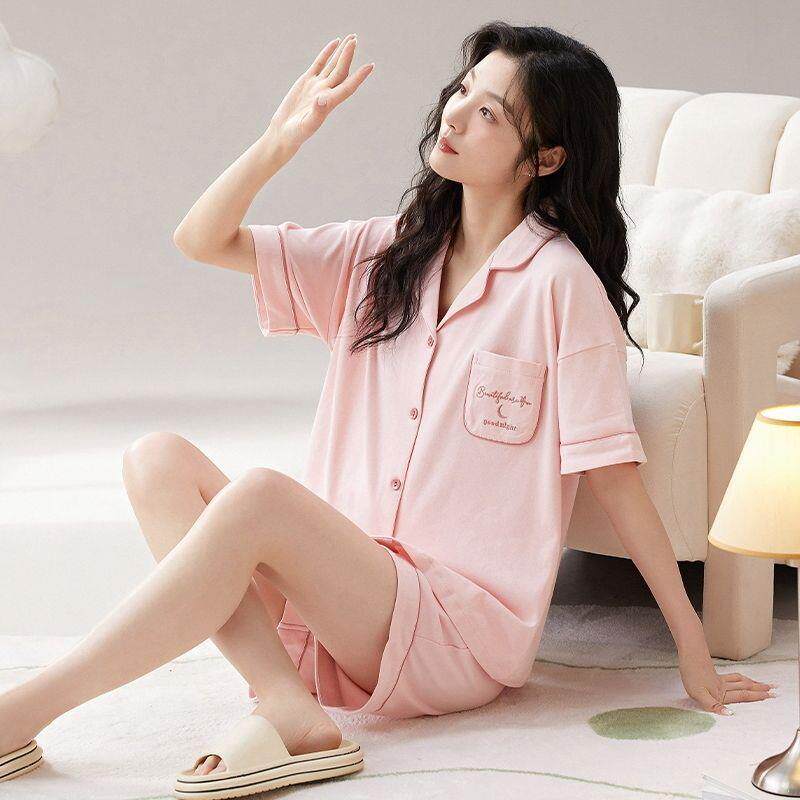 纯棉短袖夏季三件套女睡衣女网红甜美短裤口袋家居服开衫夏天套装