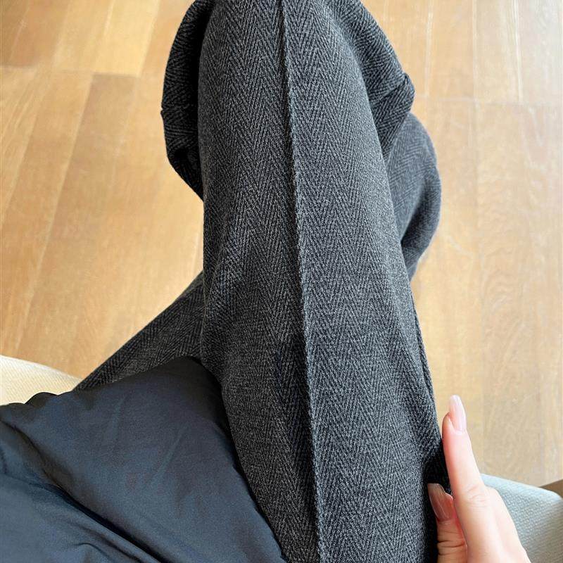 人字纹毛呢阔腿裤女秋冬加绒2025新款羊毛直筒小个子窄版糯米裤子,女装/女士精品,休闲裤,淘宝优惠券,粉丝福利购,淘宝优惠卷