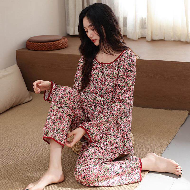 2025新款睡衣女春秋季纯棉长袖中年妈妈碎花家居服全棉加大码套装