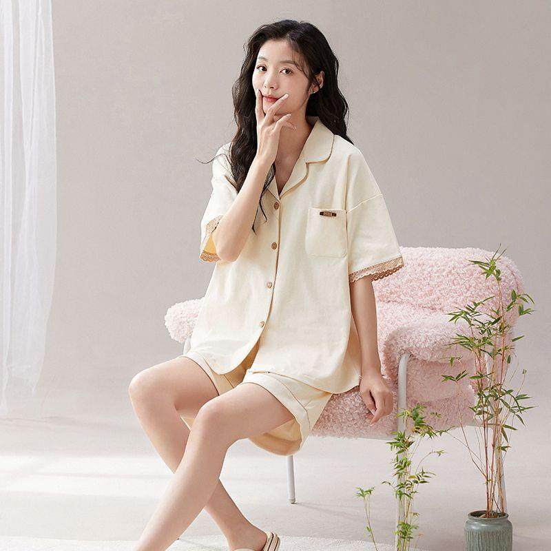 纯棉睡衣女士薄款夏季甜美短袖长裤三件套夏天简约蕾丝家居服