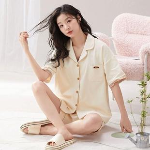 睡衣纯棉女2025春夏季开衫翻领短袖短裤长裤三件套装外穿家居服