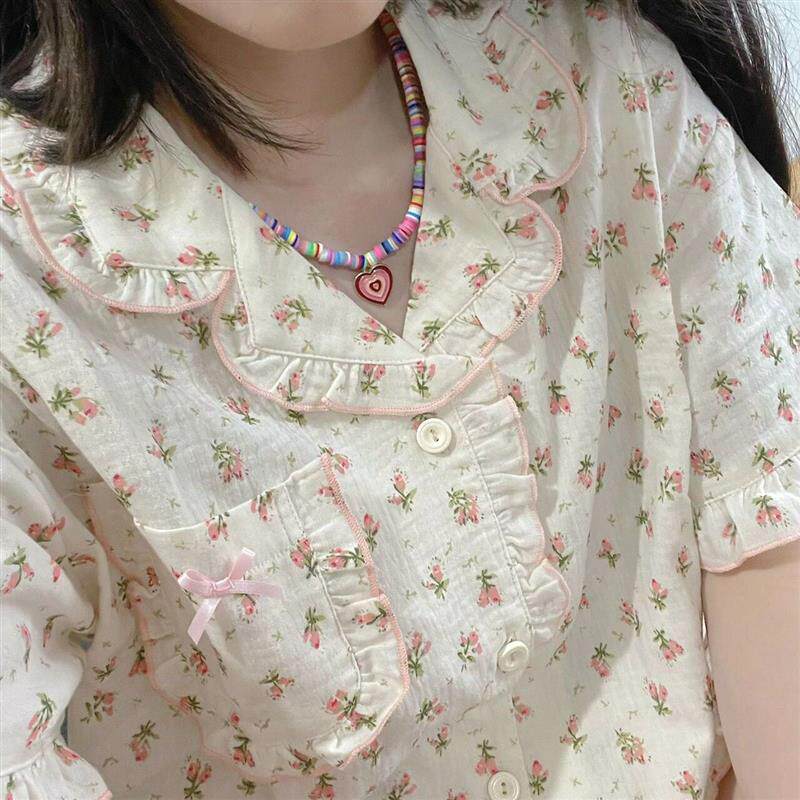 仿棉甜美小碎花ins法式田园风睡衣女夏天新款短袖短裤家居服套装