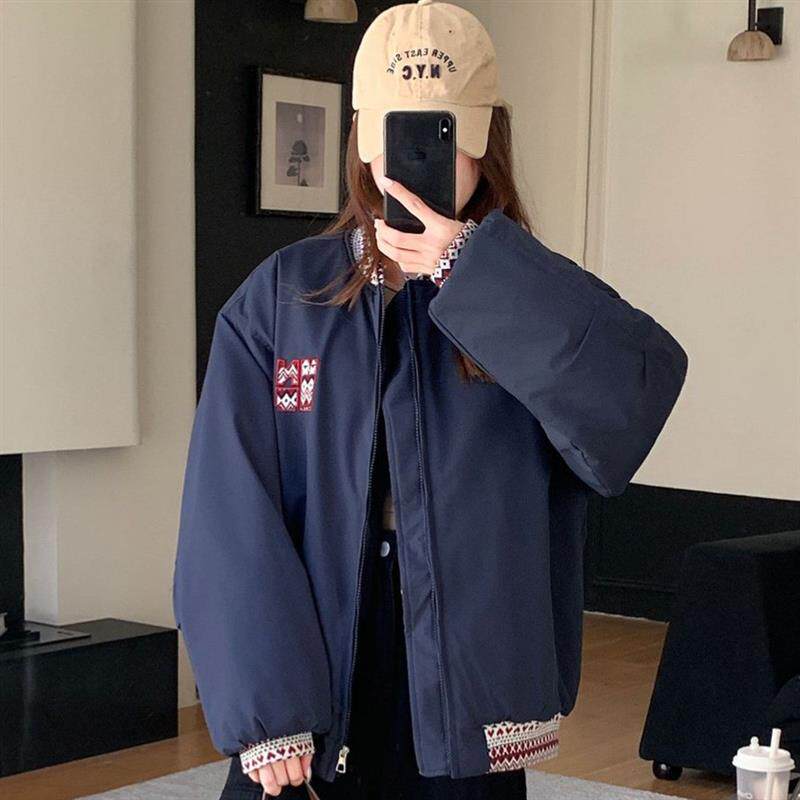 2025年提花夹克女款美式冬季复古新款设计棒球拼接宽松闺蜜装棉服