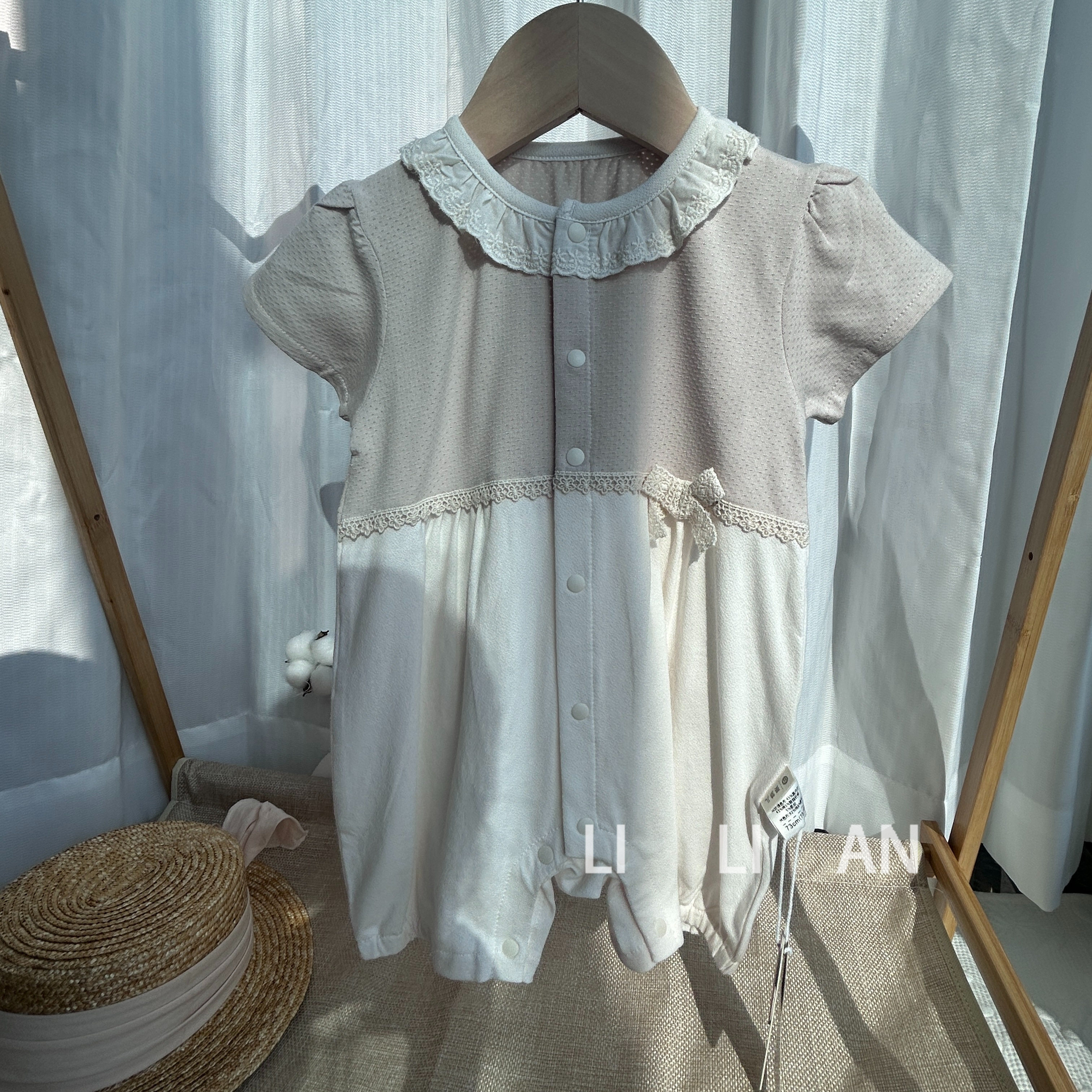 婴梦儿-午后奶茶-短袖连体衣2025夏款女宝宝纯棉撞色薄款爬服