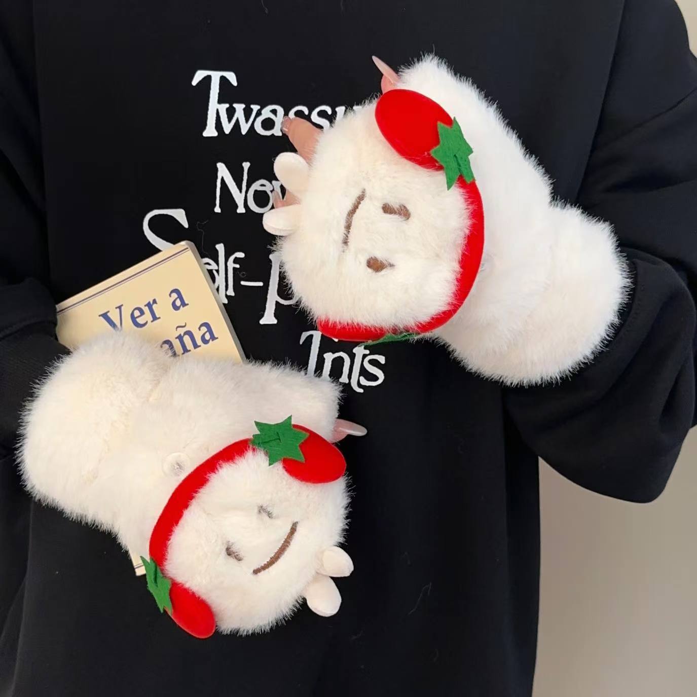 日本品质耳机土豆半指翻盖毛绒手套新款情侣冬季加厚学生骑行防寒