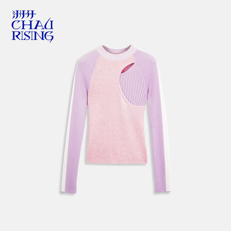 粉紫撞色羊绒针织女衫