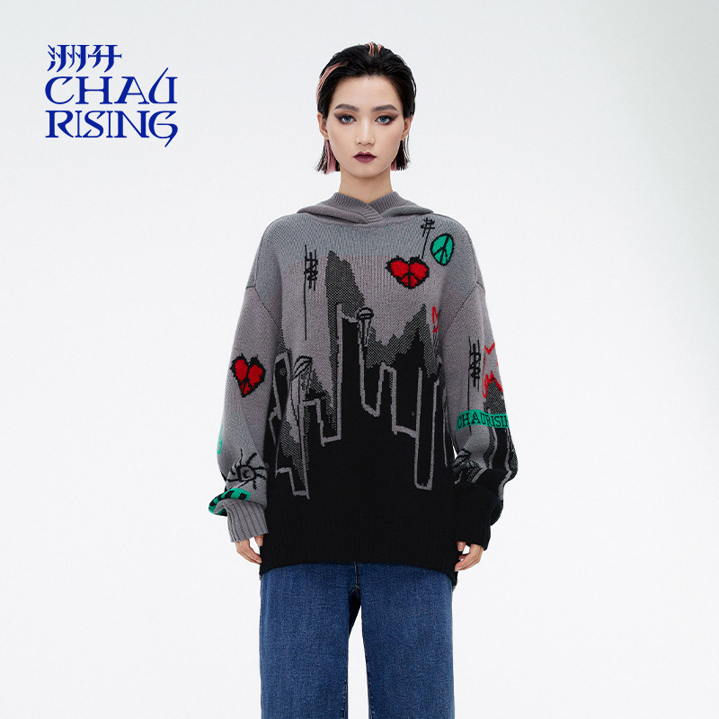 洲升/CHAU.RISING冬季新款和平系列宽松山羊绒帽衫卫衣上衣女