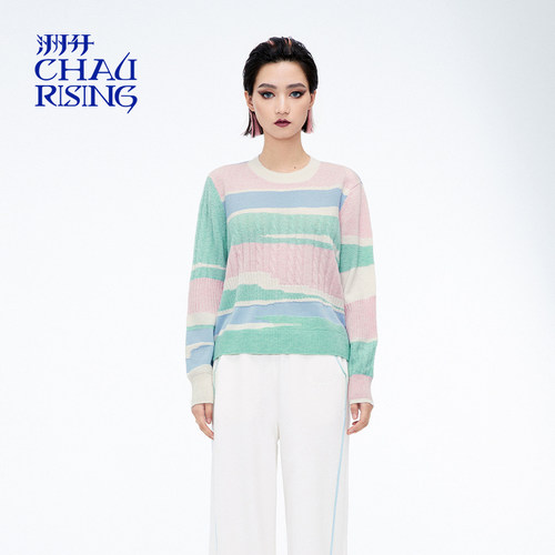 洲升/CHAU.RISING冬季新款几何条纹拼色羊绒套头衫长袖上衣女