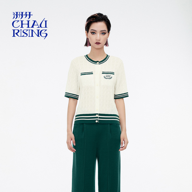 针织衫白学院绞花羊毛短袖