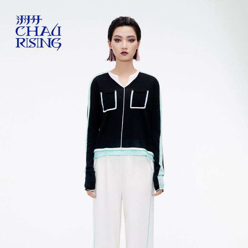 原创设计撞色假两件羊毛套头衫