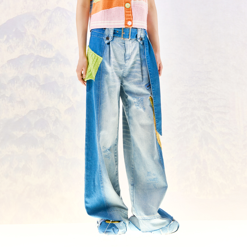 工装牛仔羊绒拼接阔腿裤