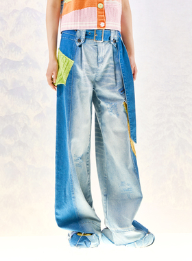洲升/CHAU.RISING秋季工装牛仔羊绒拼接贴布阔腿裤牛仔长裤女