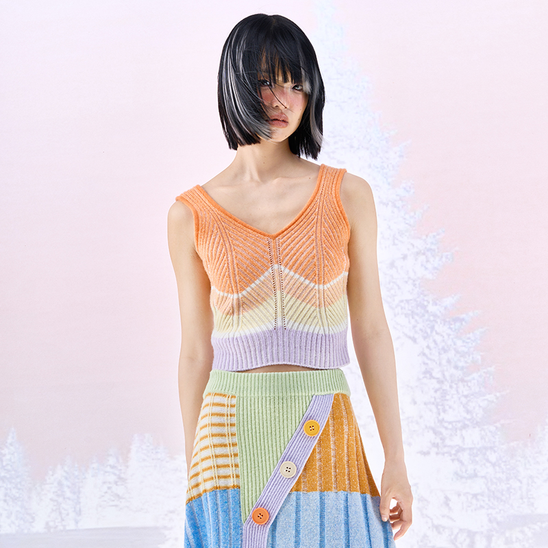 撞色条纹羊绒针织背心