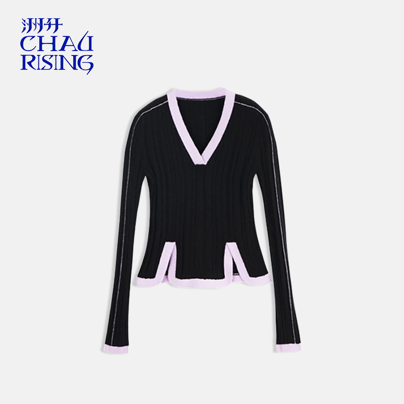 新品撞色宽边羊绒显瘦V领打底衫