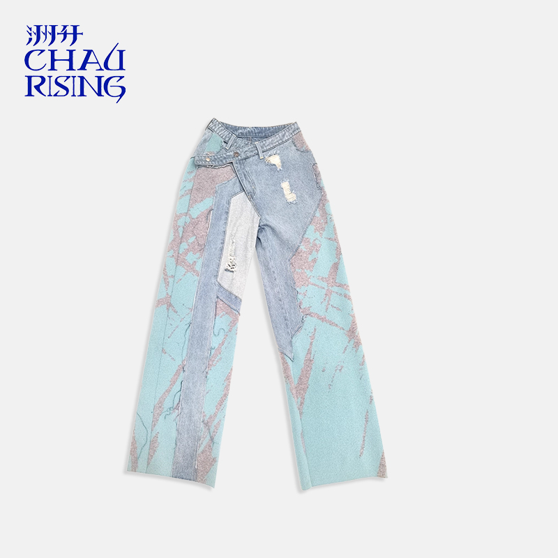 洲升/CHAU.RISING个性休闲宽松羊绒拼接直筒牛仔裤秋冬新品设计师