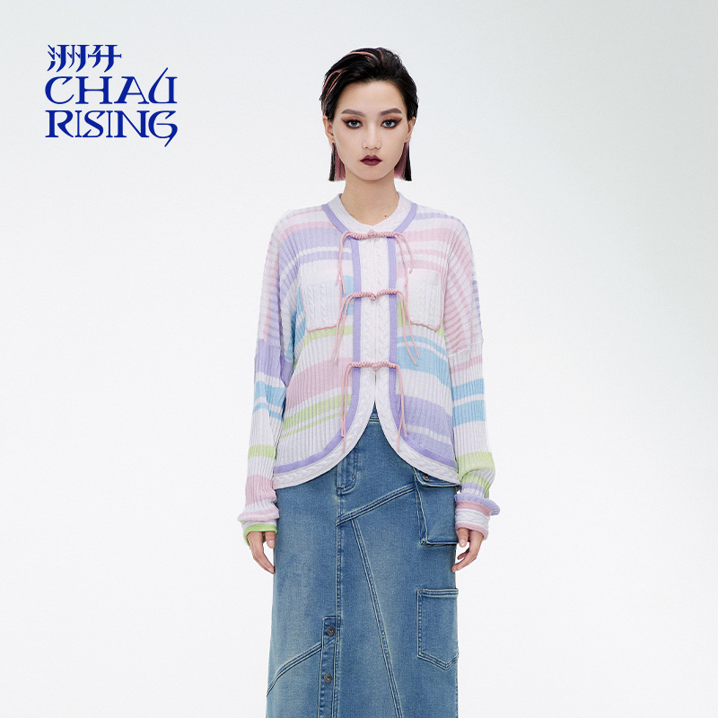 款新中式彩色条纹羊毛开衫