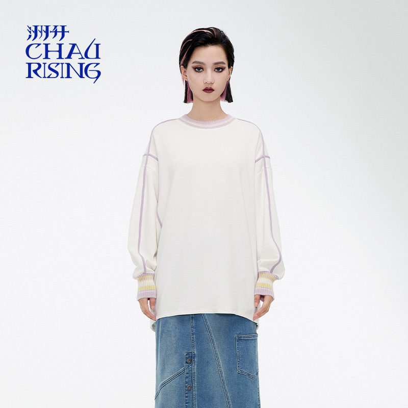 树莓红羊毛撞边纯色卫衣