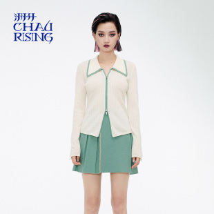 秋冬毛衣开衫 洲升 CHAU.RISING复古撞边山羊绒polo领收腰针织开衫