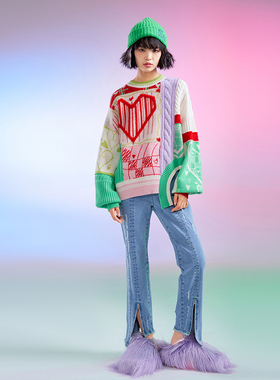 洲升/CHAU.RISING多巴胺红爱心圆领羊绒针织毛衣女秋冬新款设计师