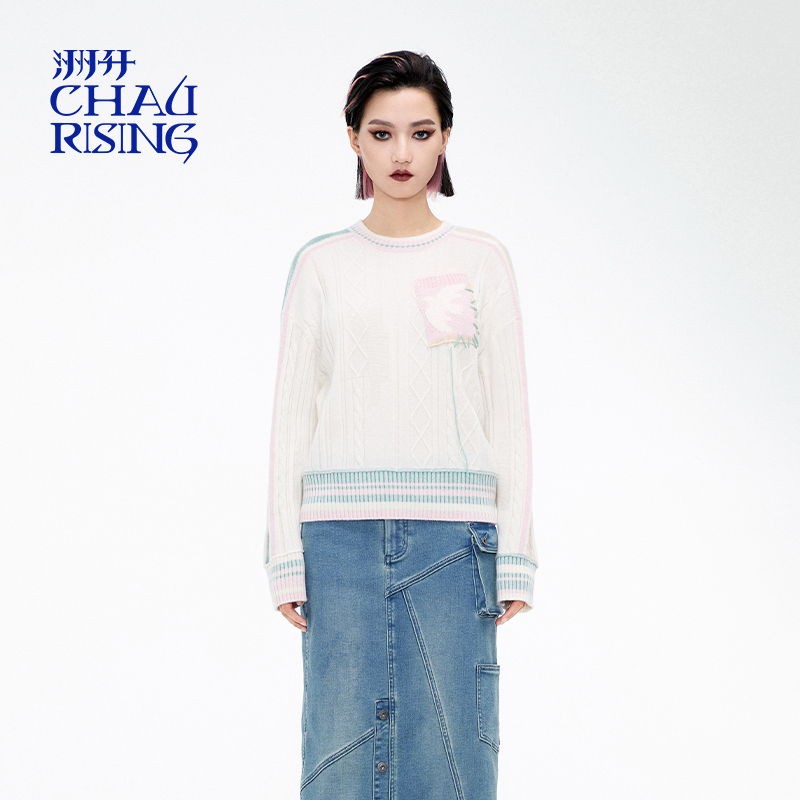 洲升/CHAU.RISING冬季新款复古和平系列拼贴羊绒套头衫上衣女