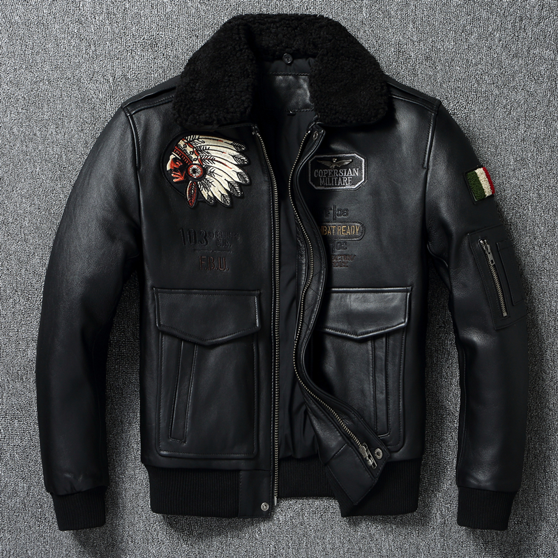 a2飞行员夹克绵羊皮翻领短款外套真皮皮衣男加棉毛领印第安飞行服