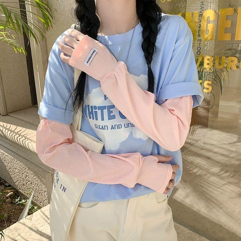 压皱冰丝防晒袖套女宽松大码纯色in潮褶皱开车防晒手袖夏季冰袖