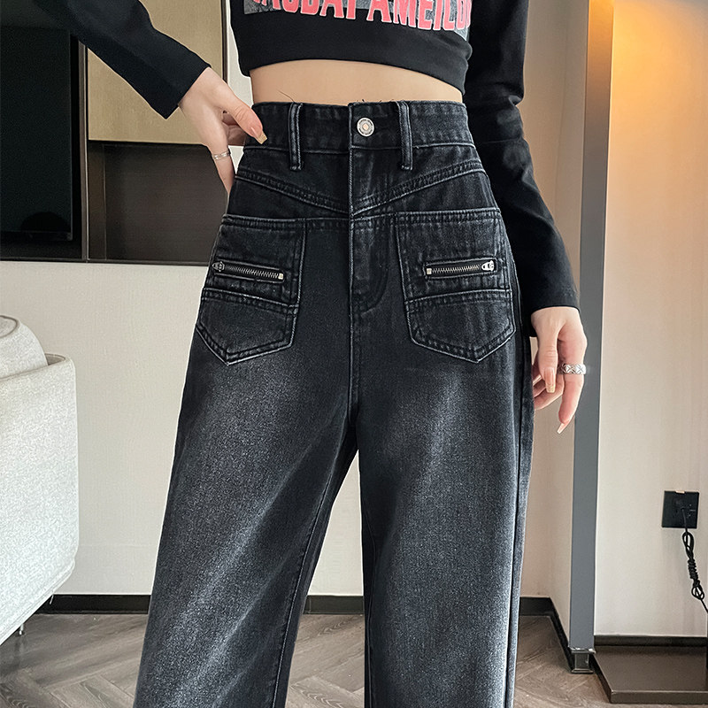 黑灰色窄版直筒牛仔裤女2025新款春秋季爆款显瘦高腰百搭阔腿裤子