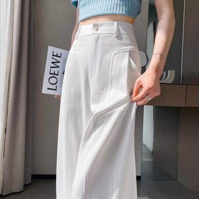 天丝亚麻西装裤女夏季薄款2025新款高腰垂感拖地冰丝棉麻阔腿裤子
