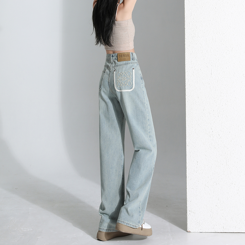 设计感刺绣阔腿牛仔裤女2025新款春季爆款高腰显瘦宽松垂感直筒裤