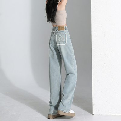 设计感刺绣阔腿牛仔裤女2025新款春季爆款高腰显瘦宽松垂感直筒裤