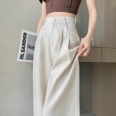 冰丝阔腿裤女夏季薄款2025新款小个子宽松直筒垂感棉麻凉感西装裤