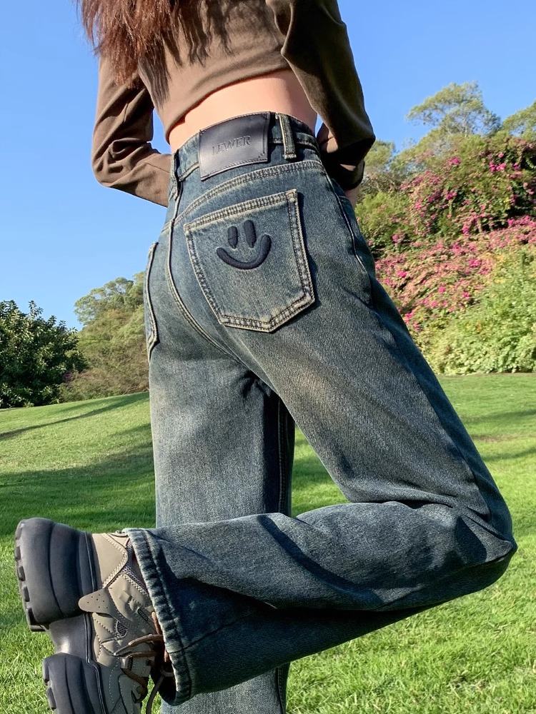 覆古窄阔腿牛仔裤2025新款春秋季设计笑脸刺绣高腰直筒裤