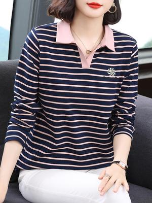 中年妈妈春秋装2025新款纯棉长袖t恤女士洋气减龄上衣条纹POLO衫