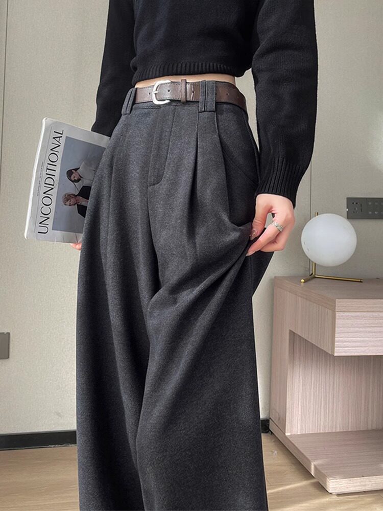 美拉德毛呢西装裤女士秋冬季2025新款加绒加厚高腰垂感直筒阔腿裤