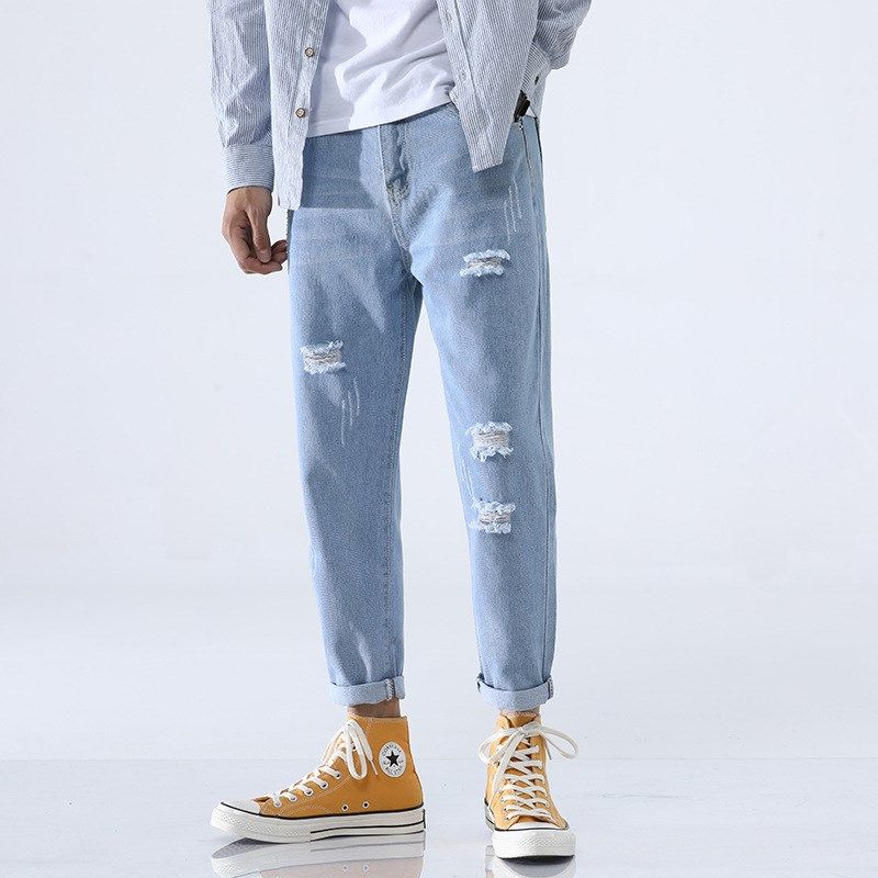 All-match slim cropped trousers men's ripped trousers 破洞裤,男装,休闲裤,淘宝优惠券,粉丝福利购,淘宝优惠卷