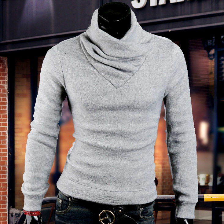 韩版外贸打底衫加州棉T恤长袖修身男士高领针织衫潮shirt men。