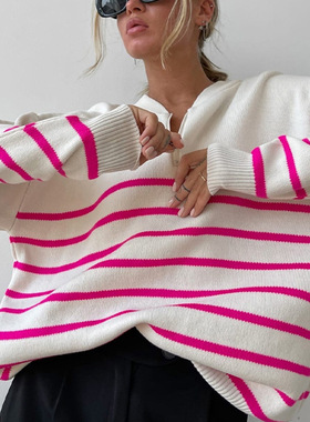women's autumn and winter zipper striped sweater