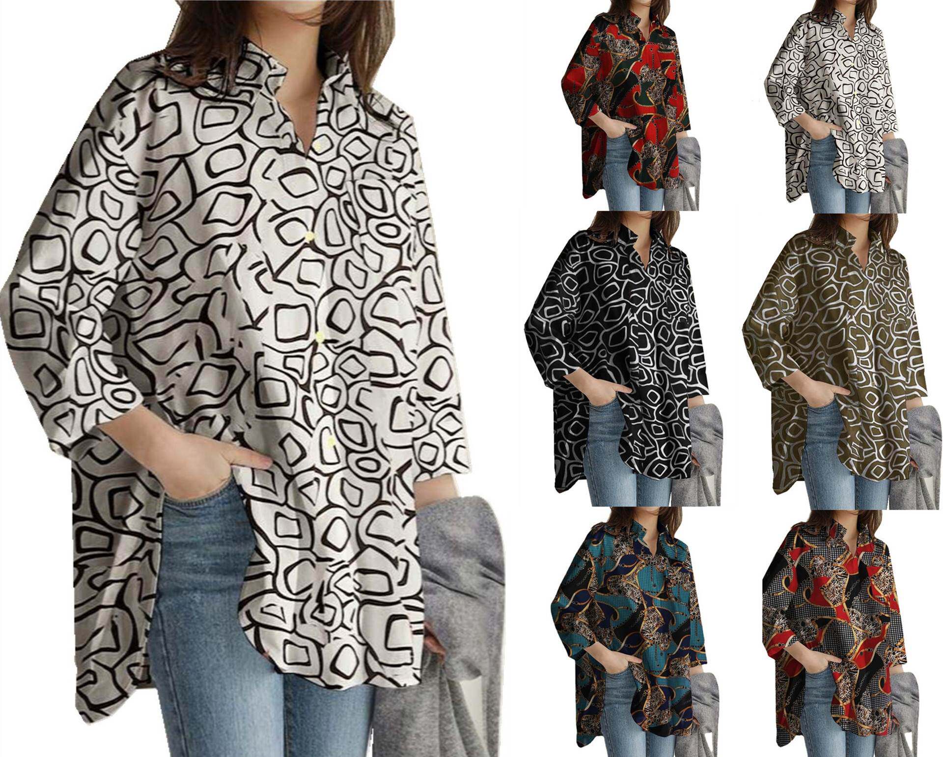 Women's long sleeve tunic top casual loose lapel top T-s