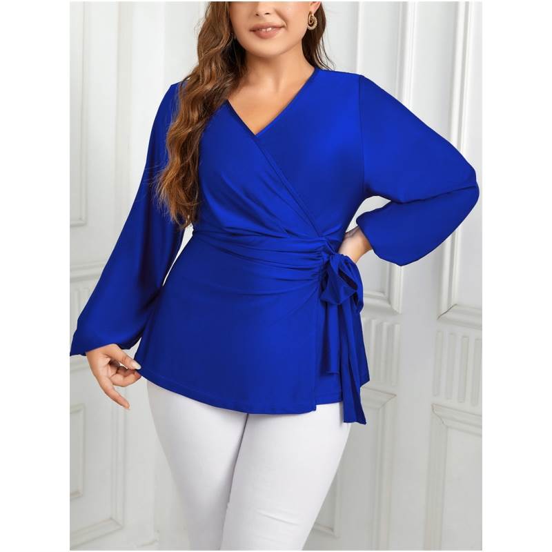 XL-4XL women blouse plus ladies shirt topsV领系带大码女衬衫