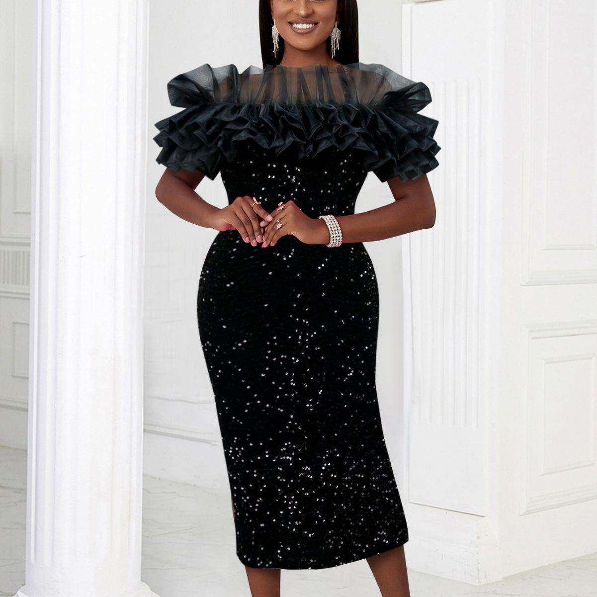 欧美大码新款亮片一字领礼服连衣裙Plus Size Sequin Party Dress