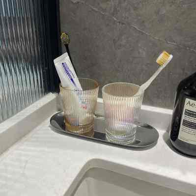 简约ins日式条纹轻奢牙杯玻璃漱口杯复古水杯小众情侣洗漱杯套装
